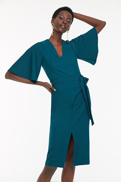 Green Pencil Midi Dress with Belt & Slit - Office to Evening