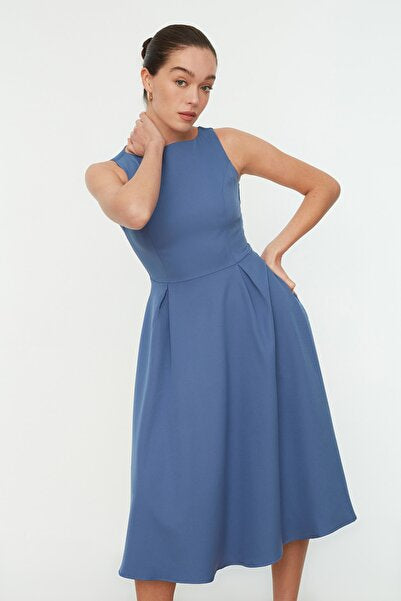 Indigo Pleated Midi Dress - Deep Blue & Flowy
