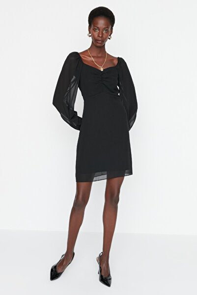 Black A-Line Mini Dress with Chiffon Sleeves - Ethereal & Elegant