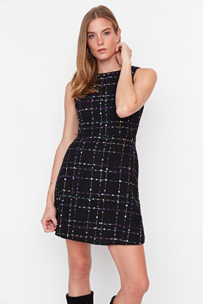 Black Tweed A-Line Mini Dress - Classic & Textured