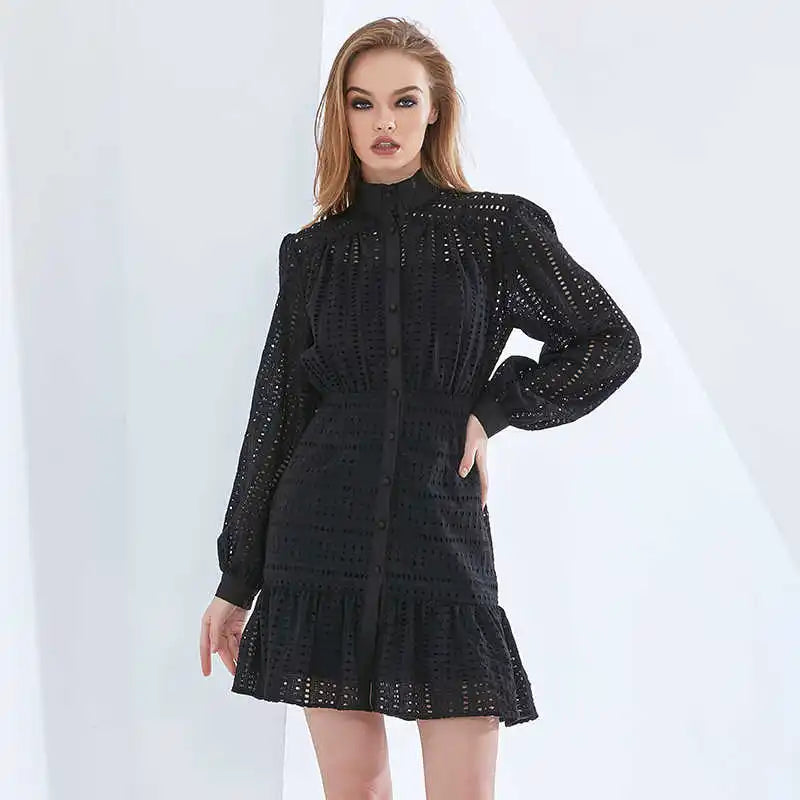 Elegant Hollow-Out Mini Dress - Black