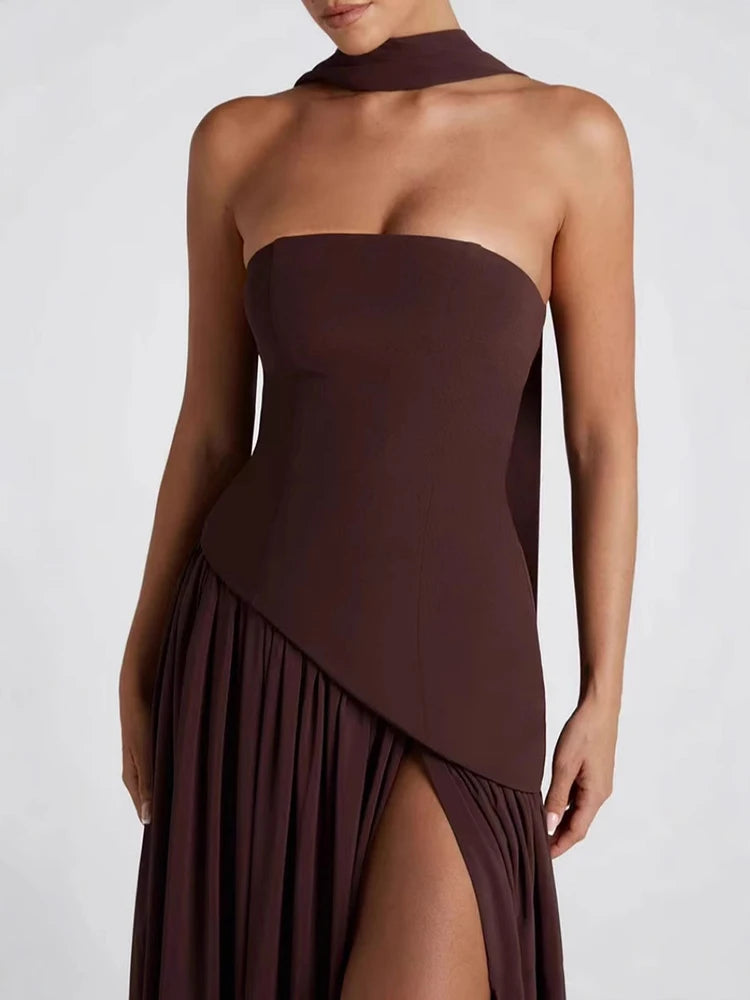 Elegant Slit Ribbon Maxi Dress - Brown
