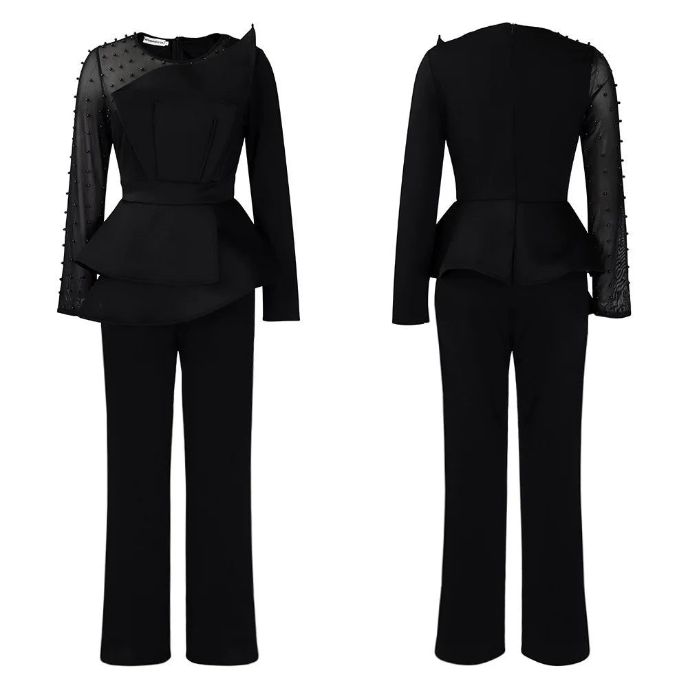 Elegant Beaded Sleeve Jumpsuit - Black