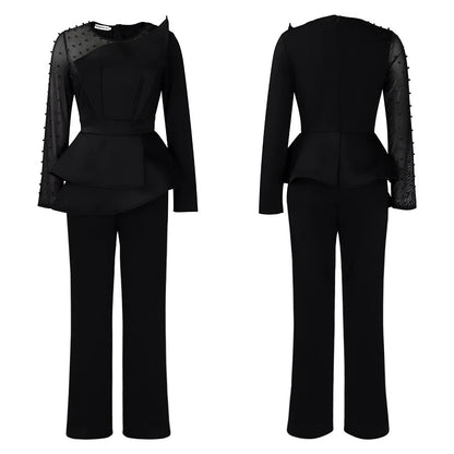 Elegant Beaded Sleeve Jumpsuit - Black