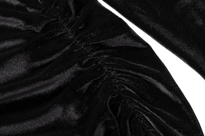 Velvet Long Sleeve Velvet Midi Dress - Black