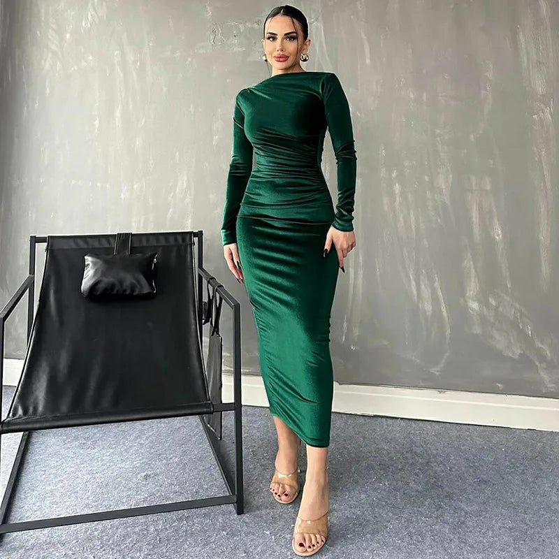 Velvet Long Sleeve Midi Dress - Green