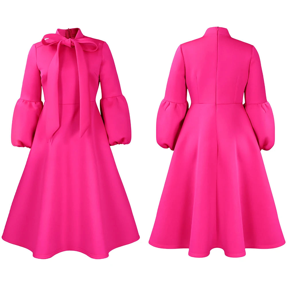 Elegant Bow Collar A Line Midi Dress - Pink