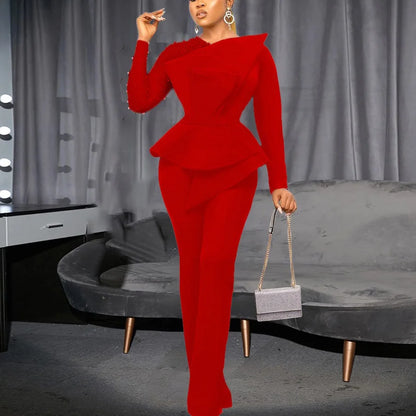 Elegant Beaded Sleeve Jumpsuit - Red