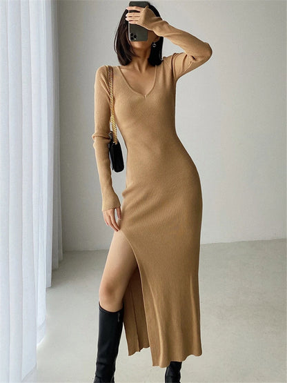 French Style V-Neck Sweater Midi Dress - Khaki