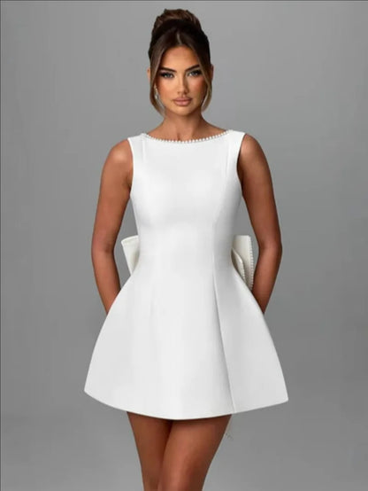 Elegant Pearl Bow Backless Mini Dress - White