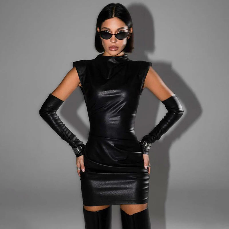 Edgy Elegance Leather Mini Dress - Black