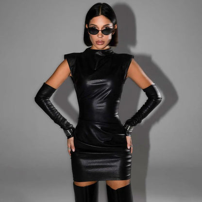 Edgy Elegance Leather Mini Dress - Black