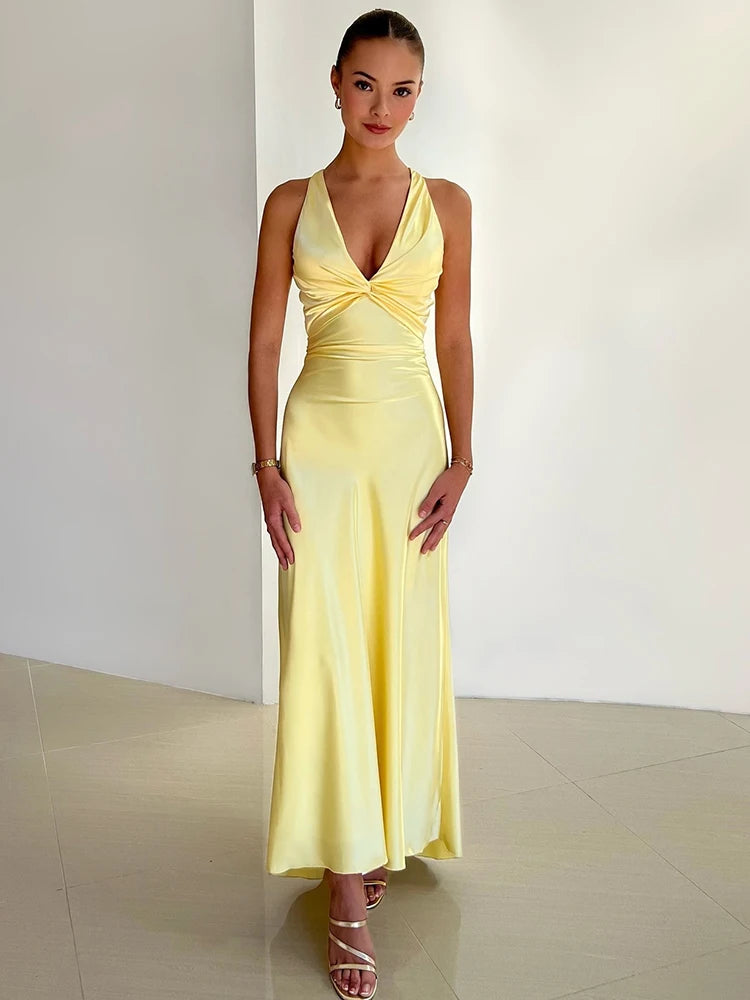 Satin Bow Backless Maxi Dress