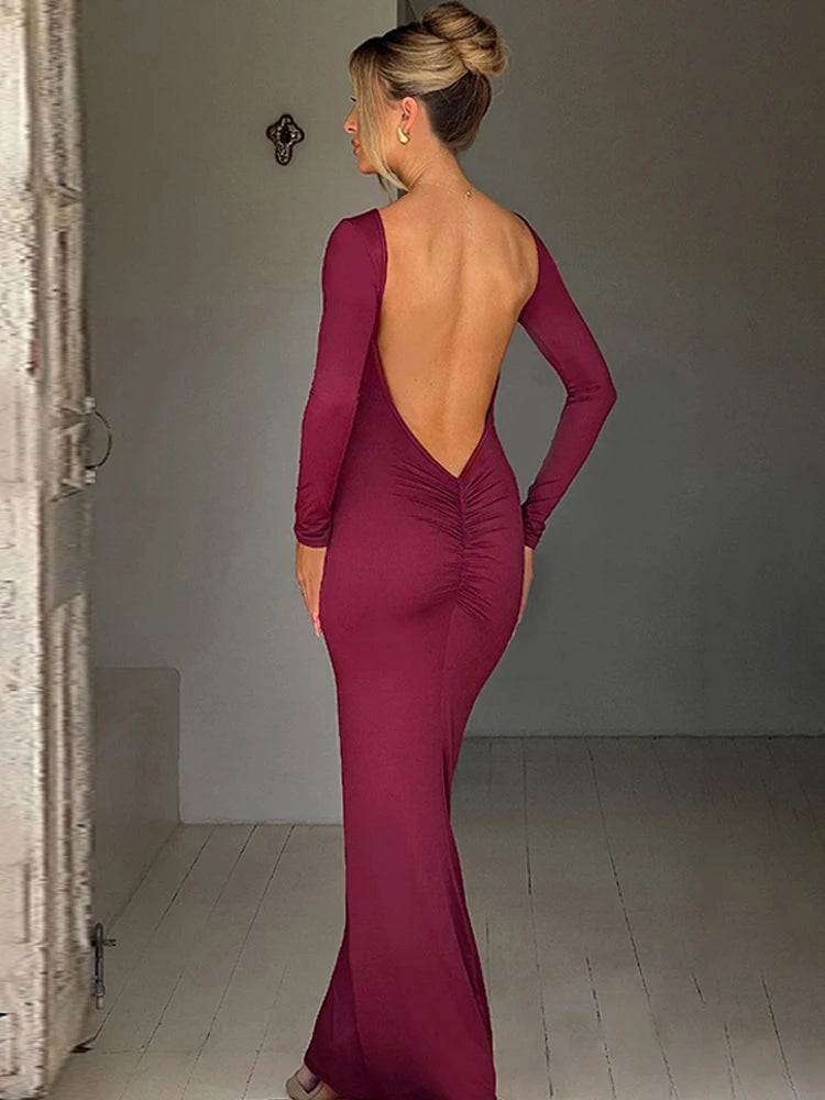 Elegant Backless Bodycon Dress - Claret