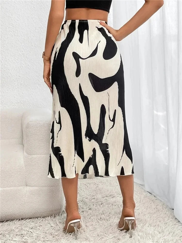 Graphic Print Pleated Midi Skirt