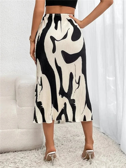 Graphic Print Pleated Midi Skirt