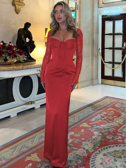 Slim Lace Long Sleeve Maxi Dress - Red