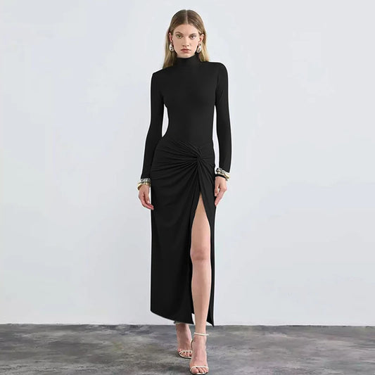 Elegant Split Turtleneck Maxi Dress