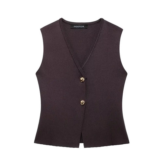 Knitted Vest & High-Waist Skirt Set - Brown Suit