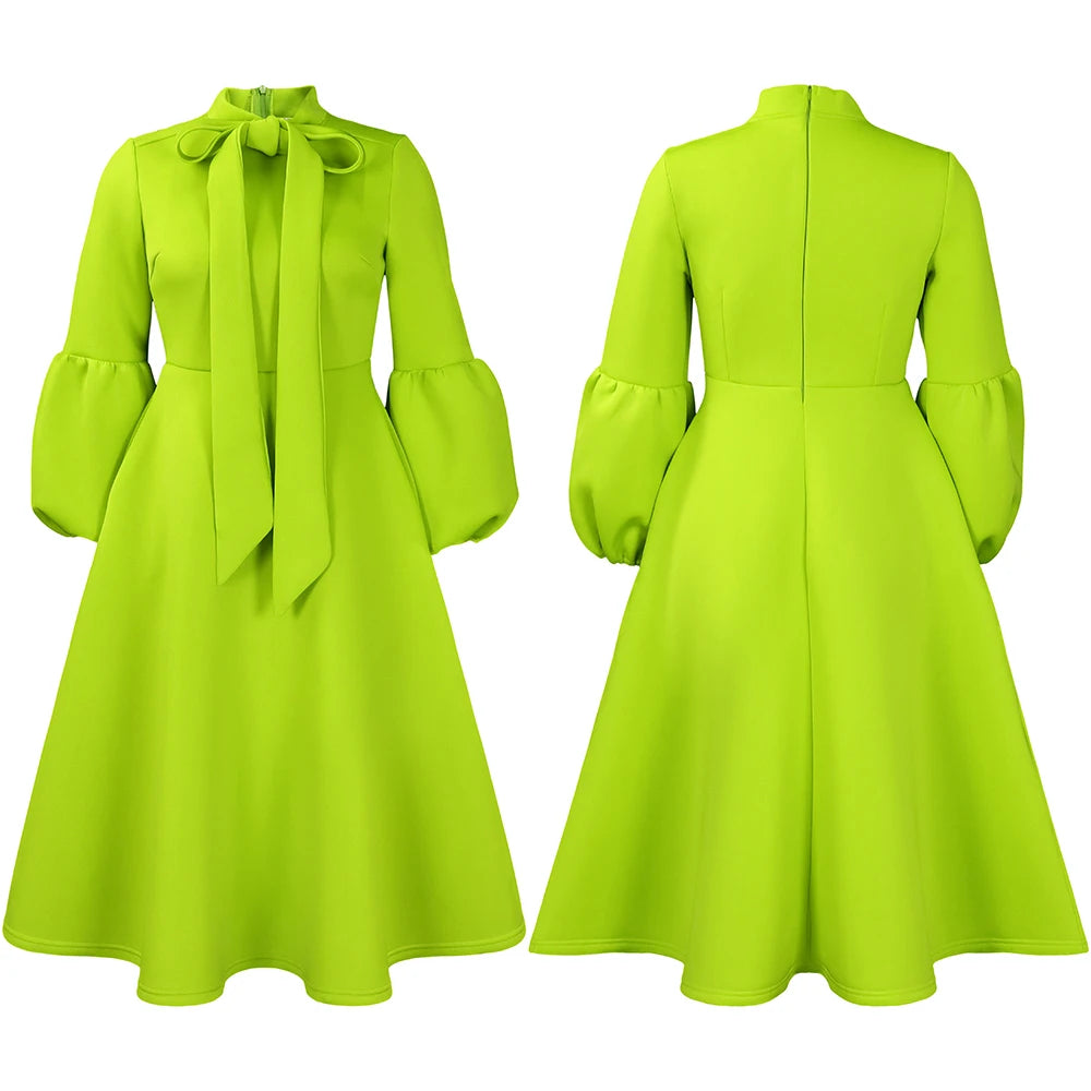 Elegant Bow Collar A Line Midi Dress - Green