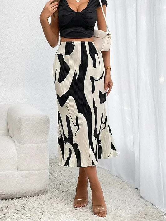 Graphic Print Pleated Midi Skirt
