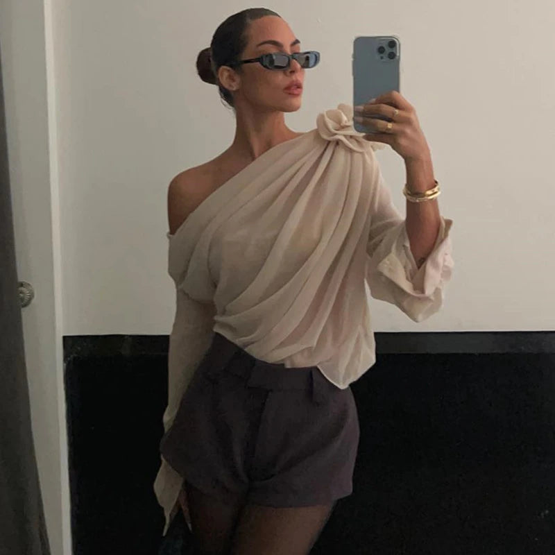 Off Shoulder Flower Appliqué Crop Top