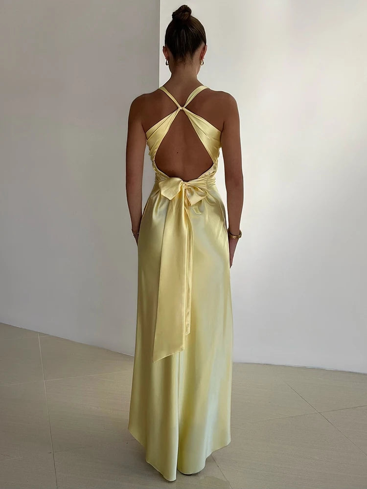 Satin Bow Backless Maxi Dress