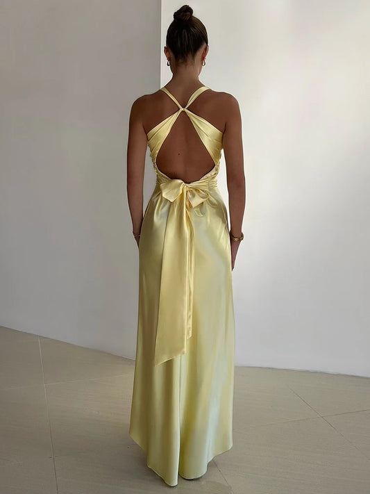 Satin Bow Backless Maxi Dress