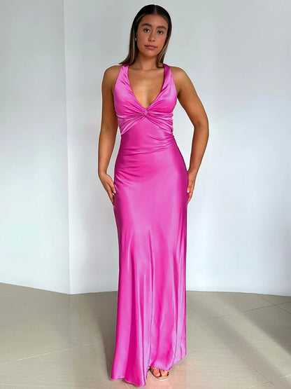 Satin Bow Backless Maxi Dress