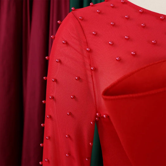 Elegant Beaded Sleeve Jumpsuit - Red