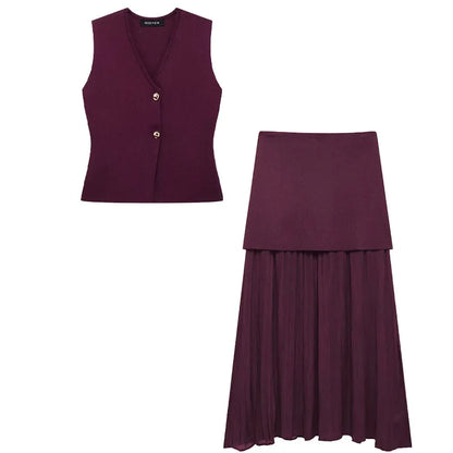 Knitted Vest & High-Waist Skirt Set -Wine Red Suit