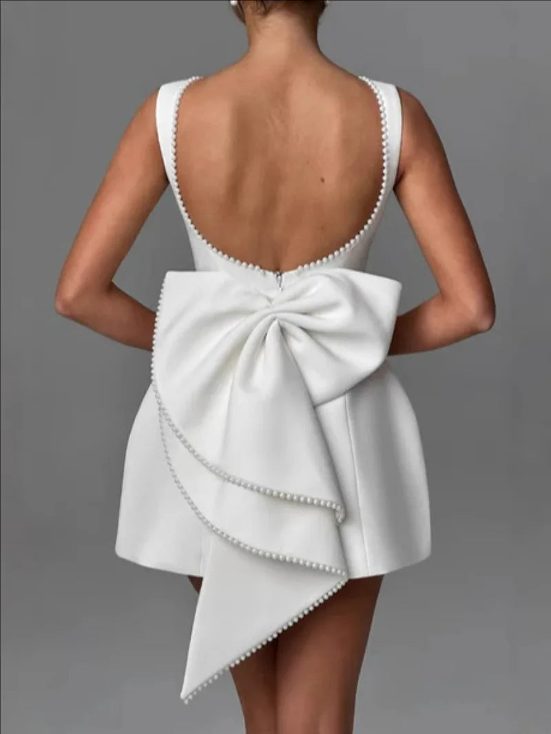 Elegant Pearl Bow Backless Mini Dress - White