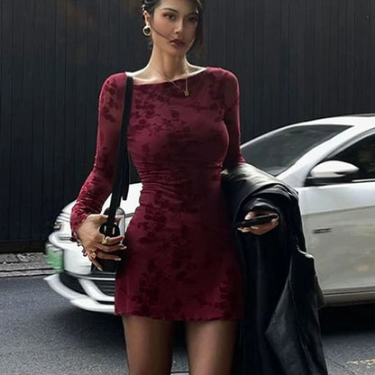 Wine Red Long Sleeve Mini Dress