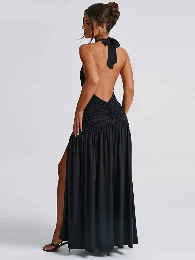 Deep V Neck Ruffled Maxi Dress - Black
