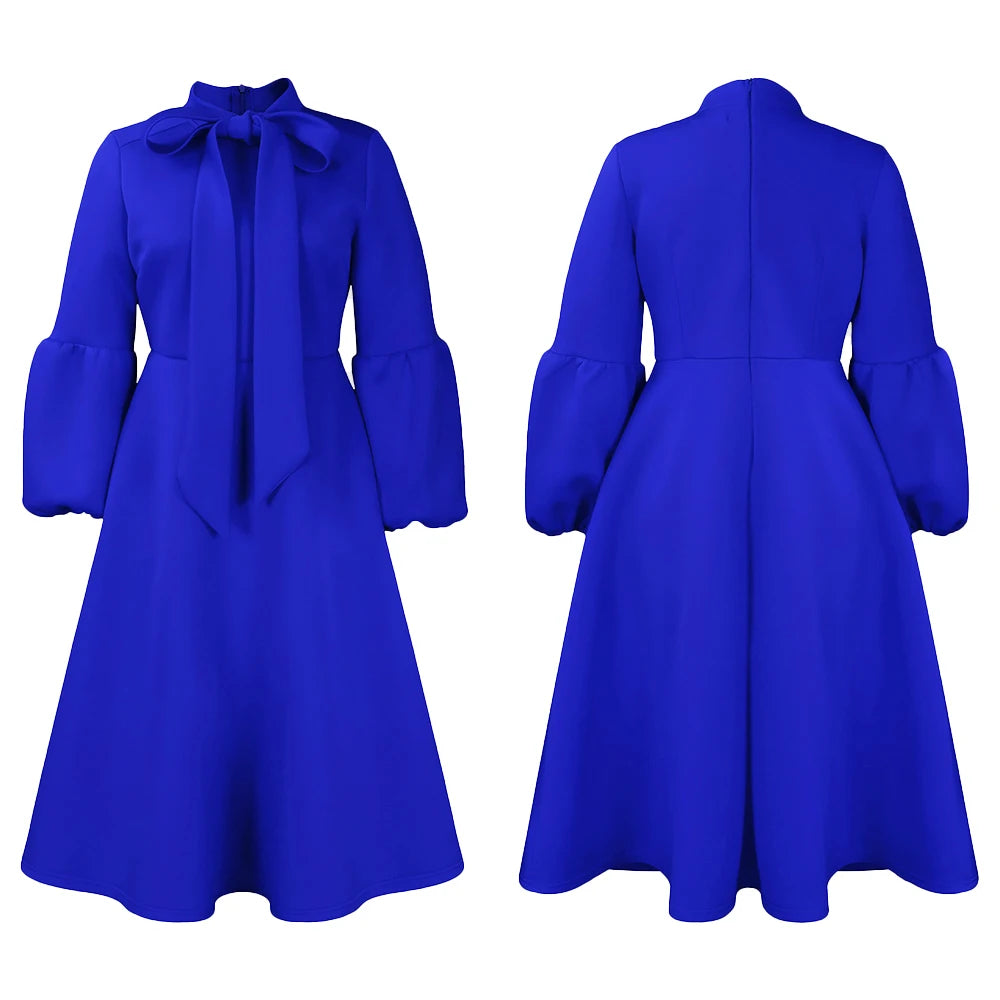 Elegant Bow Collar A Line Midi Dress - Blue