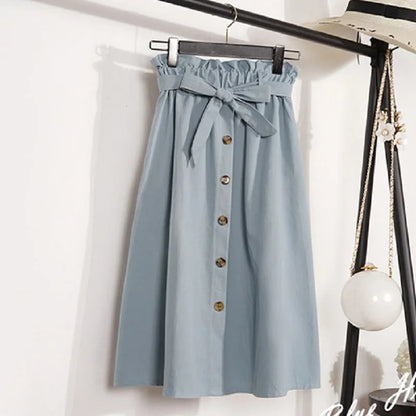 Summer Autumn High Waist Pleated Midi Skirt