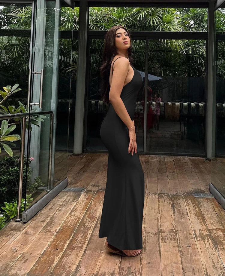 Elegant  Backless Mermaid Maxi Dress - Black