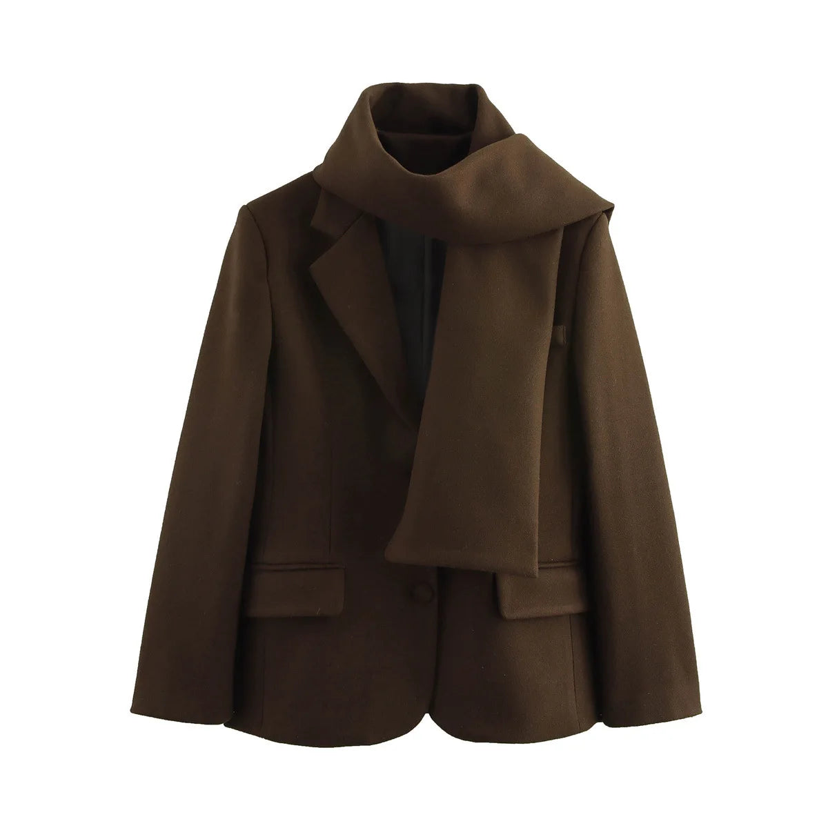 Woolen Blazer Jacket with Scarf - Brown