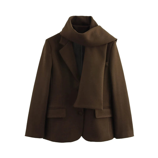 Woolen Blazer Jacket with Scarf - Brown