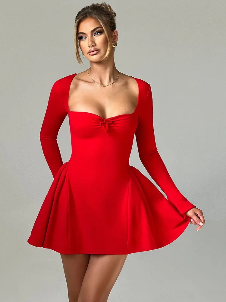Square Collar Long Sleeve Mini Dress - Red
