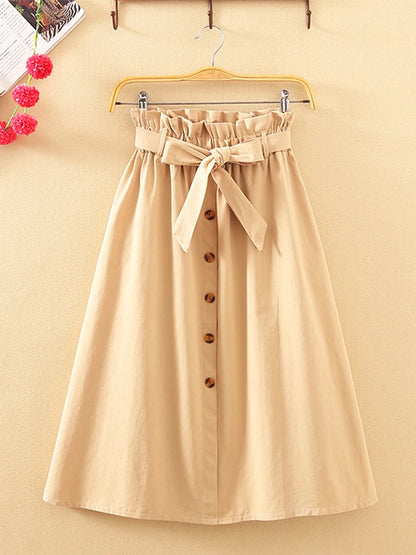 Summer Autumn High Waist Pleated Midi Skirt