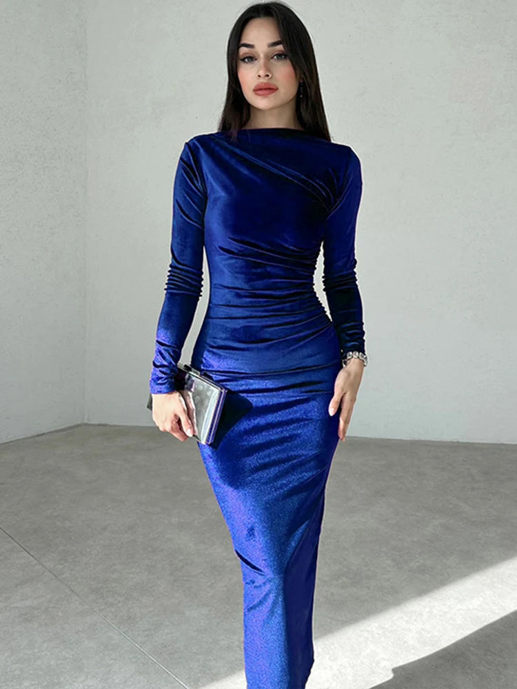 Velvet Long Sleeve Midi Dress - Blue