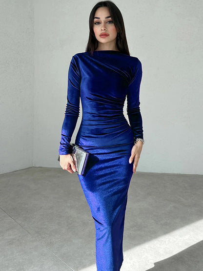 Velvet Long Sleeve Midi Dress - Blue