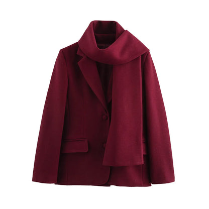 Woolen Blazer Jacket with Scarf - Red