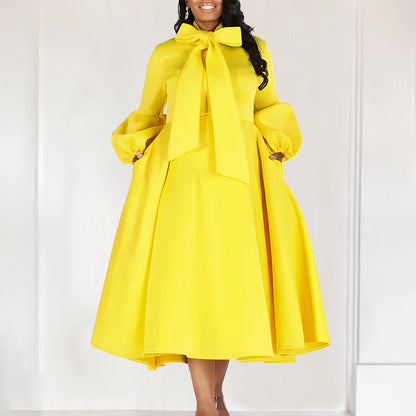 Elegant Bow Collar A Line Midi Dress - Yellow