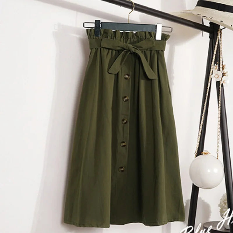 Summer Autumn High Waist Pleated Midi Skirt