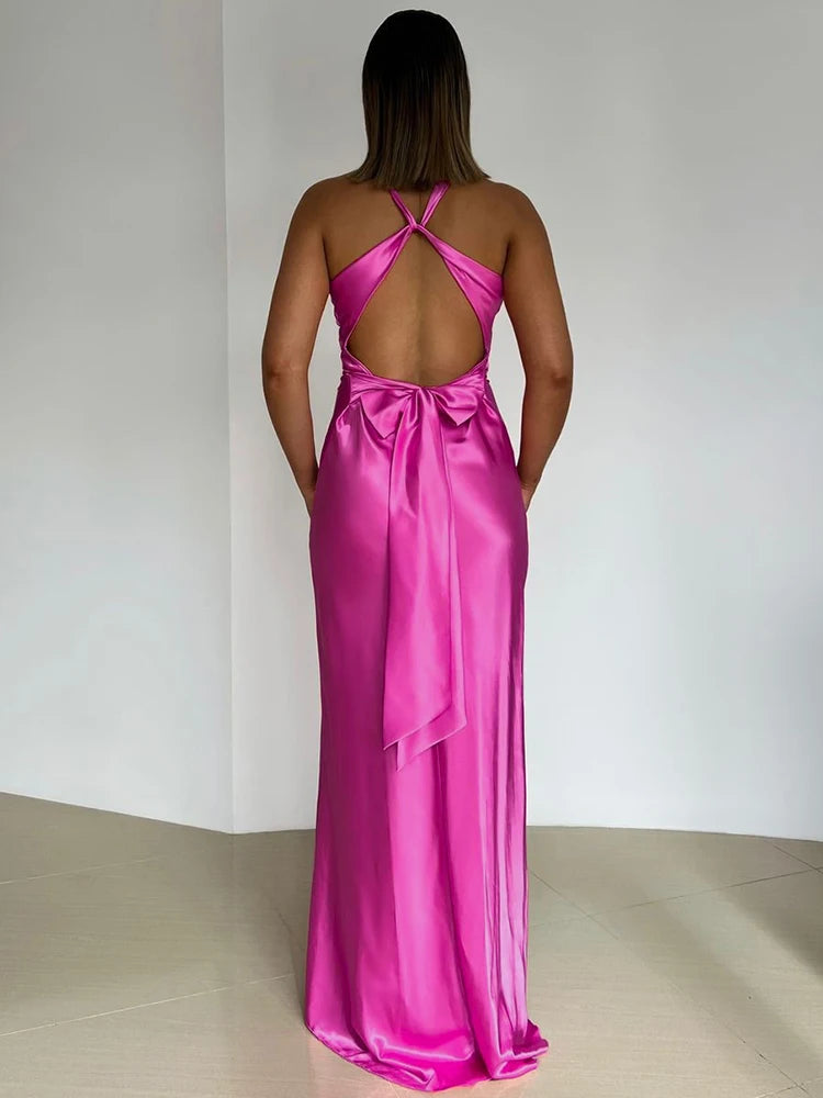 Satin Bow Backless Maxi Dress