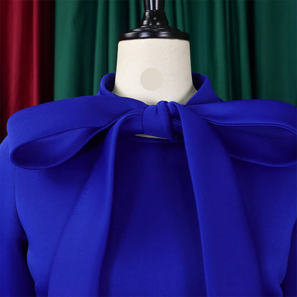 Elegant Bow Collar A Line Midi Dress - Blue