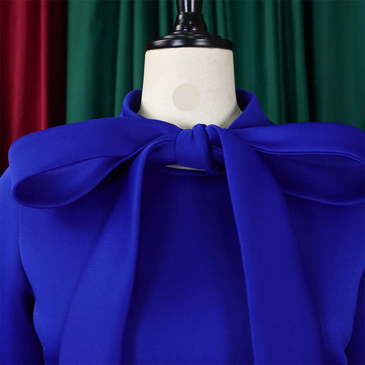 Elegant Bow Collar A Line Midi Dress - Blue