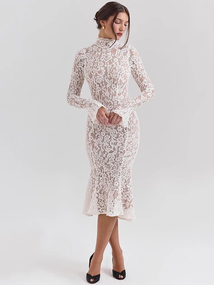 White Lace Bodycon Midi Dress